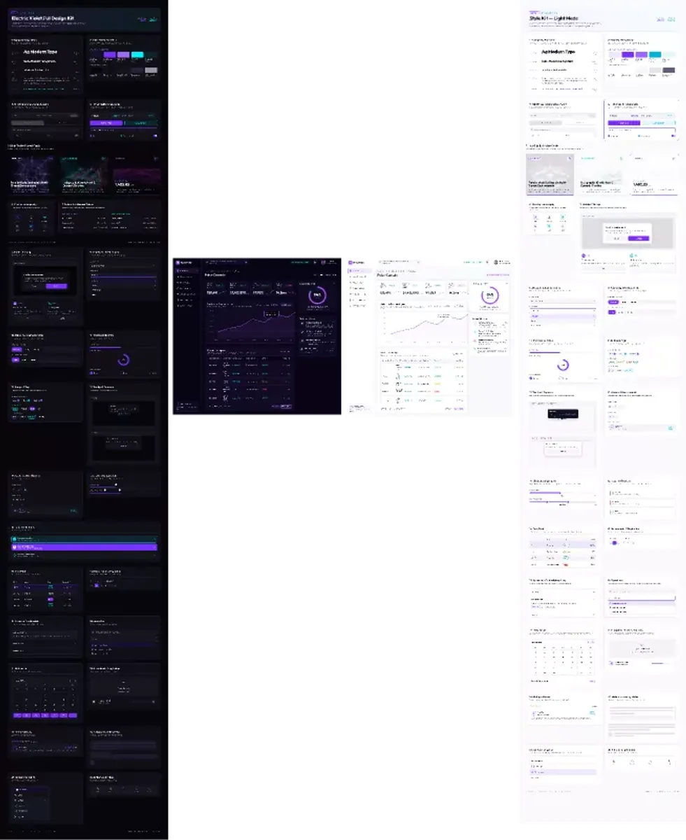 Overview of the Nova design system showing coordinated dark and light themes, foundations, components, wireframes, and dashboard examples
